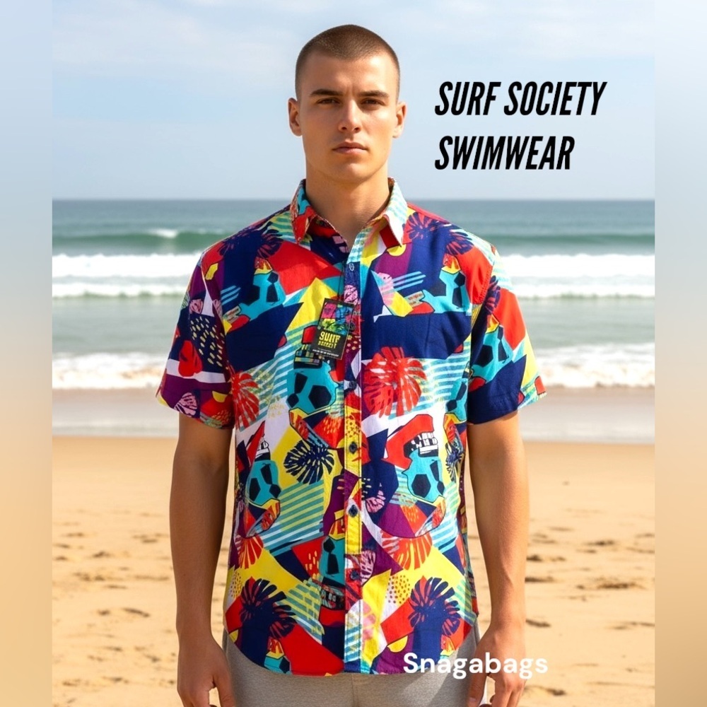 Surf Society Swimwear NWT Men’s XL Button Up Short Sleeve Shirt Bright Fun Print
